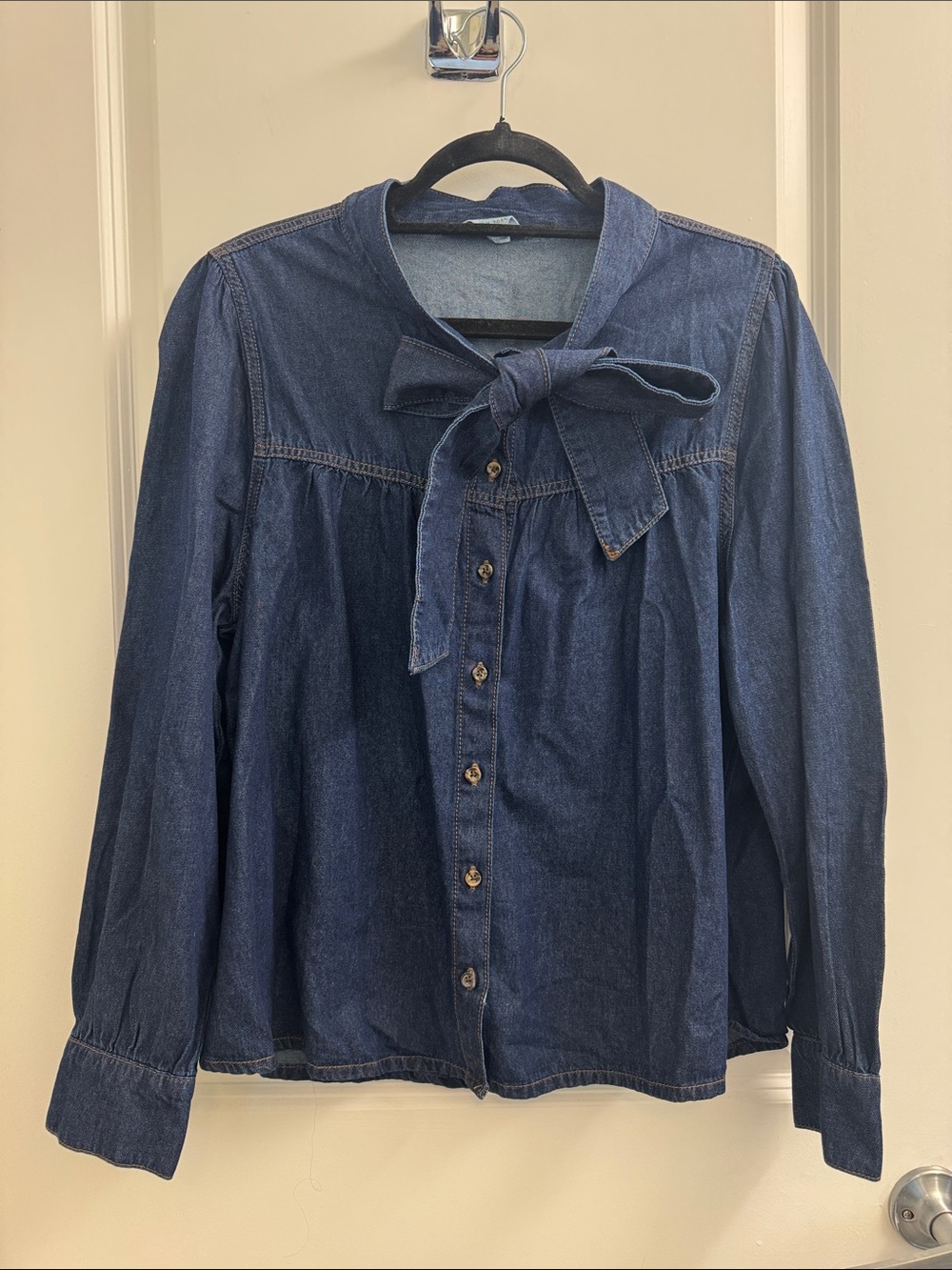 Women’s Dark Blue Denim Bow-Tie Button-Down Shirt